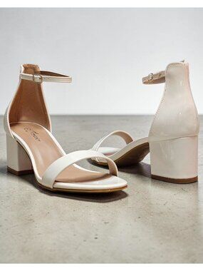 Patent Leather Block Heel Sandals With Ankle Strap In White